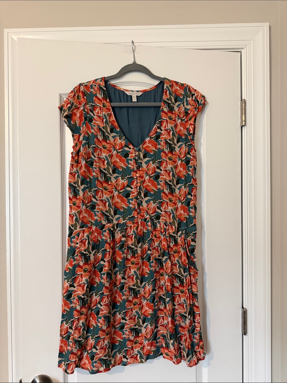Garnet Hill Teal Mini Dress with Coral Floral Print